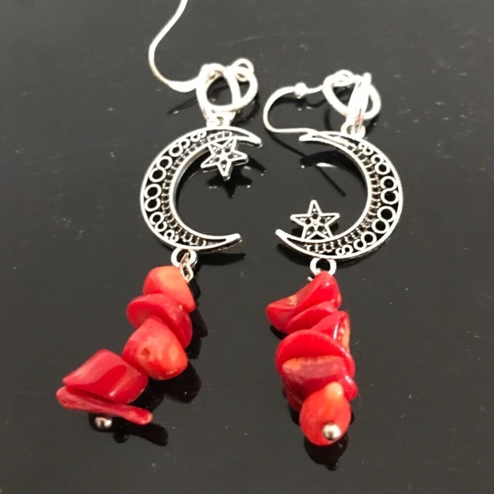 Moon Star Earrings Silver Genuine Red Coral Drop Dangle Gift Mothers Day Handmad